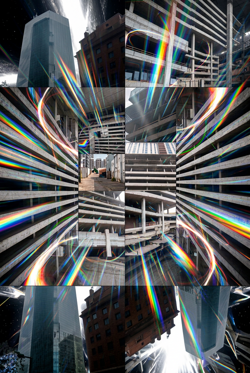 A collage of architectural photography showing modern buildings, glass structures, and curved concrete forms, displayed within a dark software interface with generate, crop, background, and information buttons.