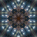 A symmetrical kaleidoscopic artwork showing a futuristic architectural ceiling with metallic beams, glowing blue and white lights, and a dark central hub.