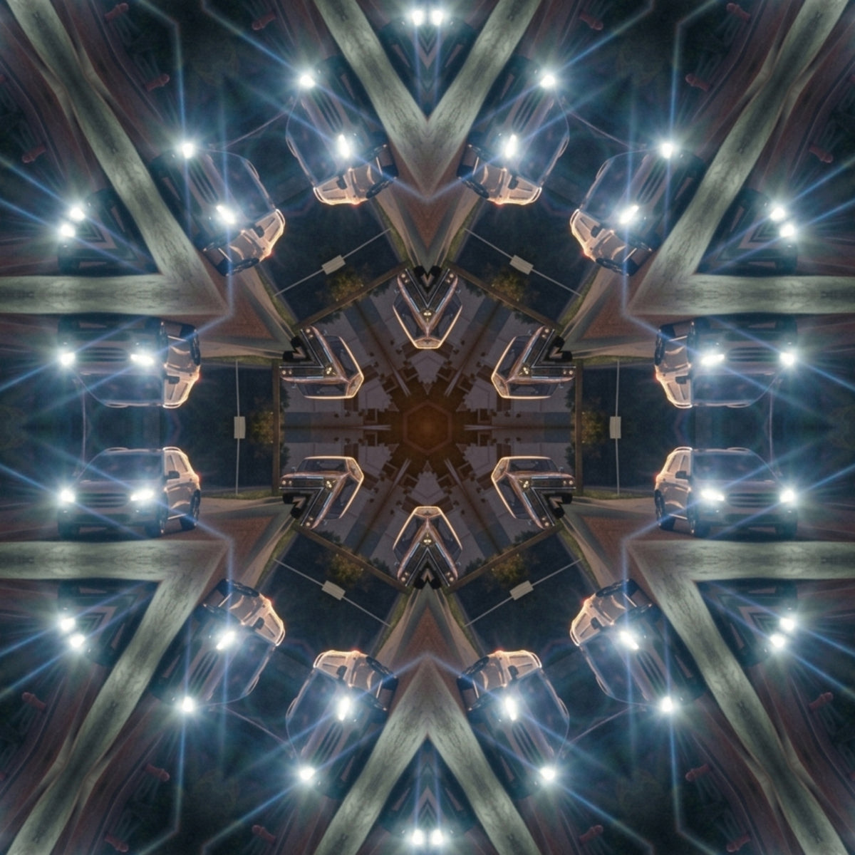 A symmetrical kaleidoscopic artwork showing a futuristic architectural ceiling with metallic beams, glowing blue and white lights, and a dark central hub.
